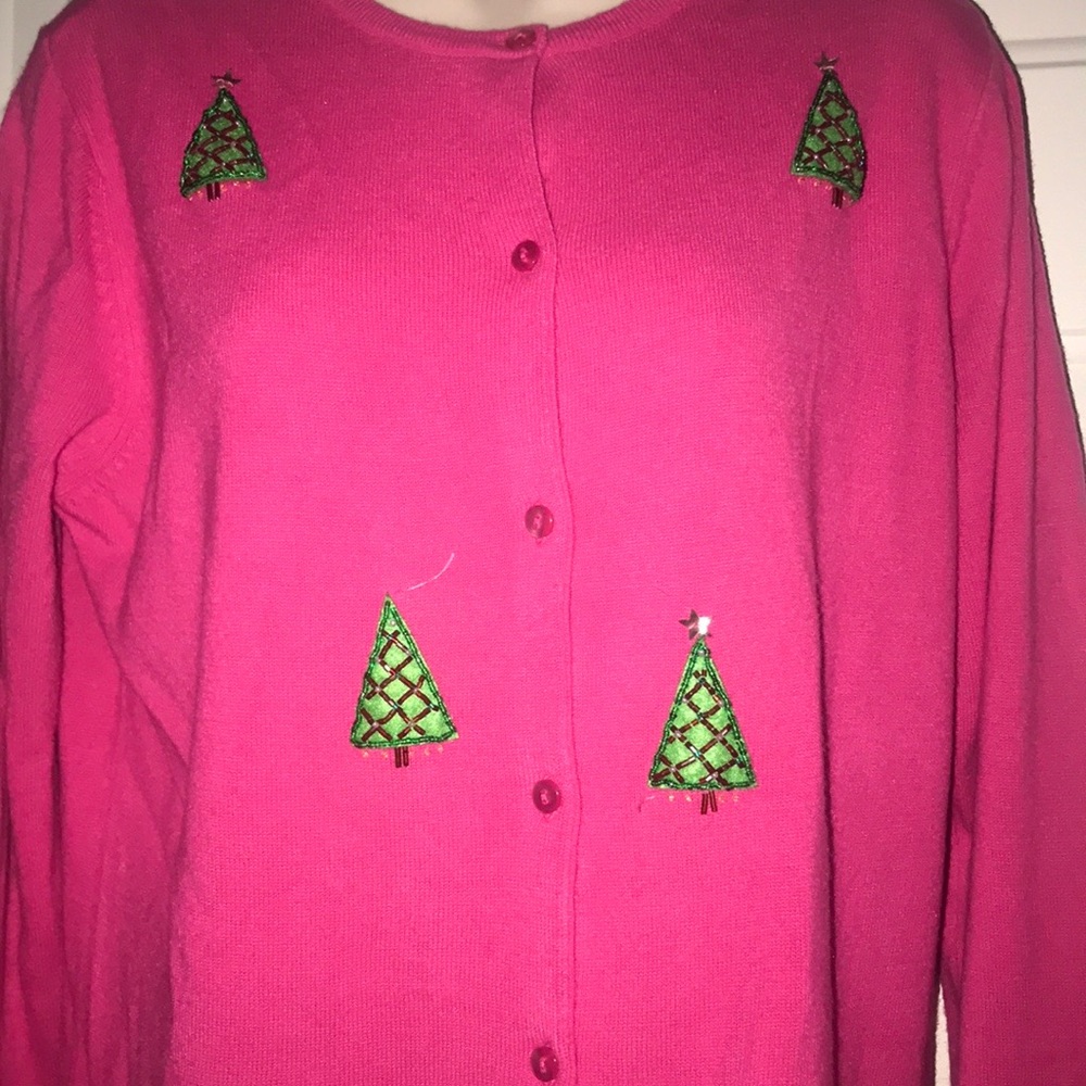 Wish For Joy Pink Holiday Sequins Christmas Trees Cardigan Button Down Sweater L